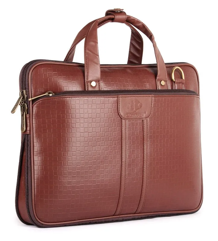 14 inch Laptop Briefcase - Premium Vegan Leather | 3 Compartments | Cinnamon