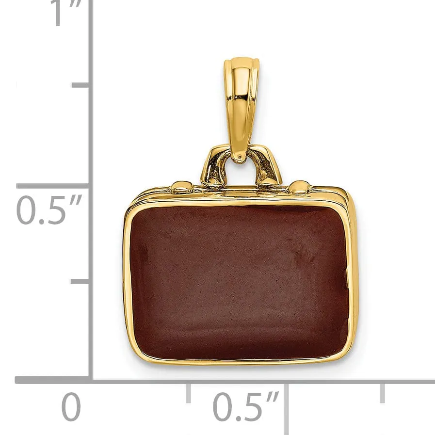 14K Yellow Gold Polished Brown Enamel Finish 3-Dimensional Briefcase Opens Design Charm Pendant