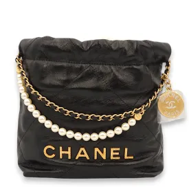 22 Pearls Mini Black Tote Bag in Calfskin, Gold hardware