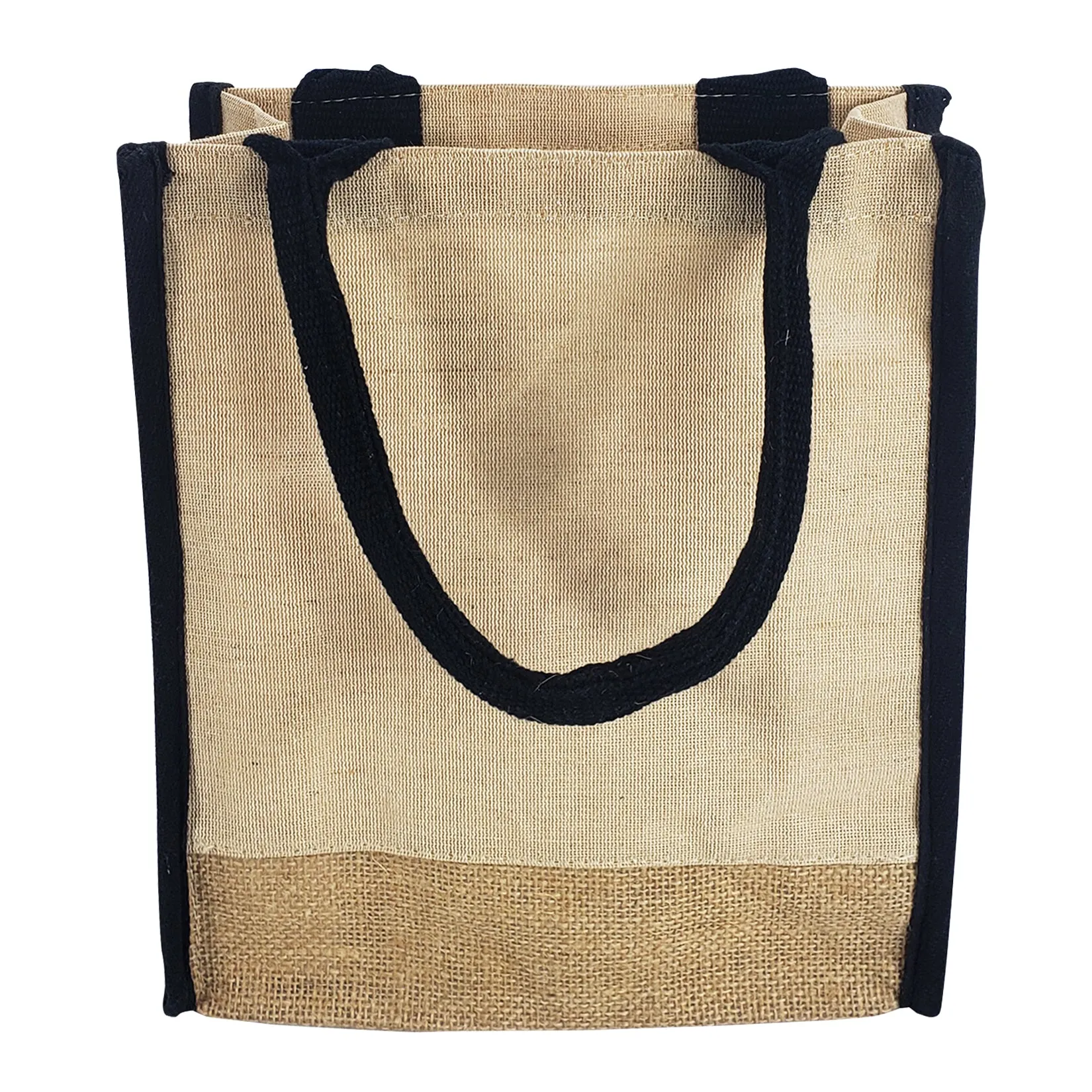 6 ct Small Jute Blend Tote Bags with Full Gusset and Burlap Accents - Pack of 6