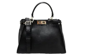 Authentic Fendi Black Cuoio Romano Leather Selleria Medium Peekaboo Iconic Satchel Bag