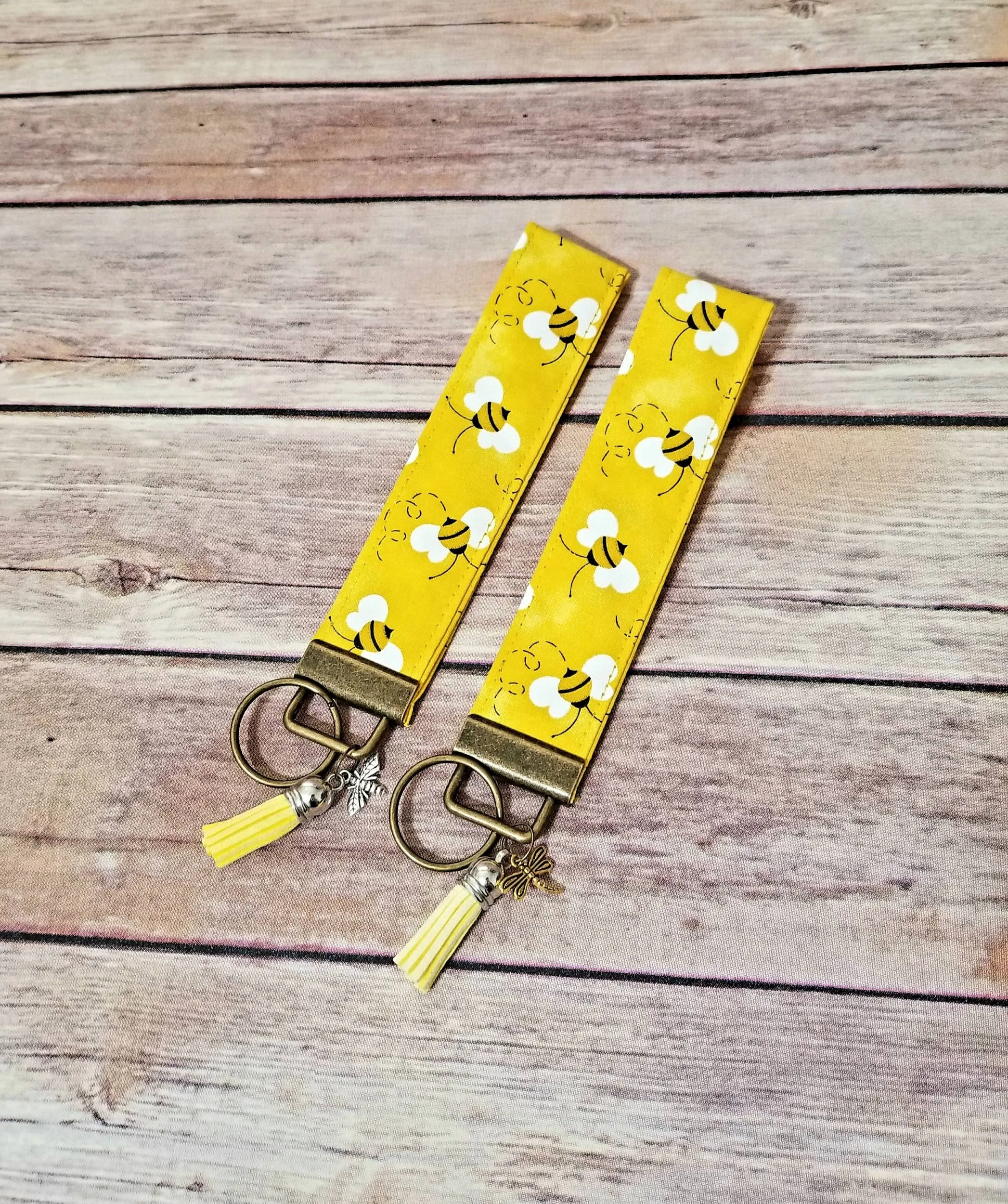 Bees Fabric Keychain Wristlet Wrist Strap