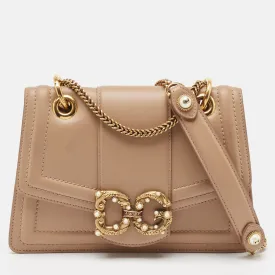 Beige Leather DG Amore Shoulder Bag