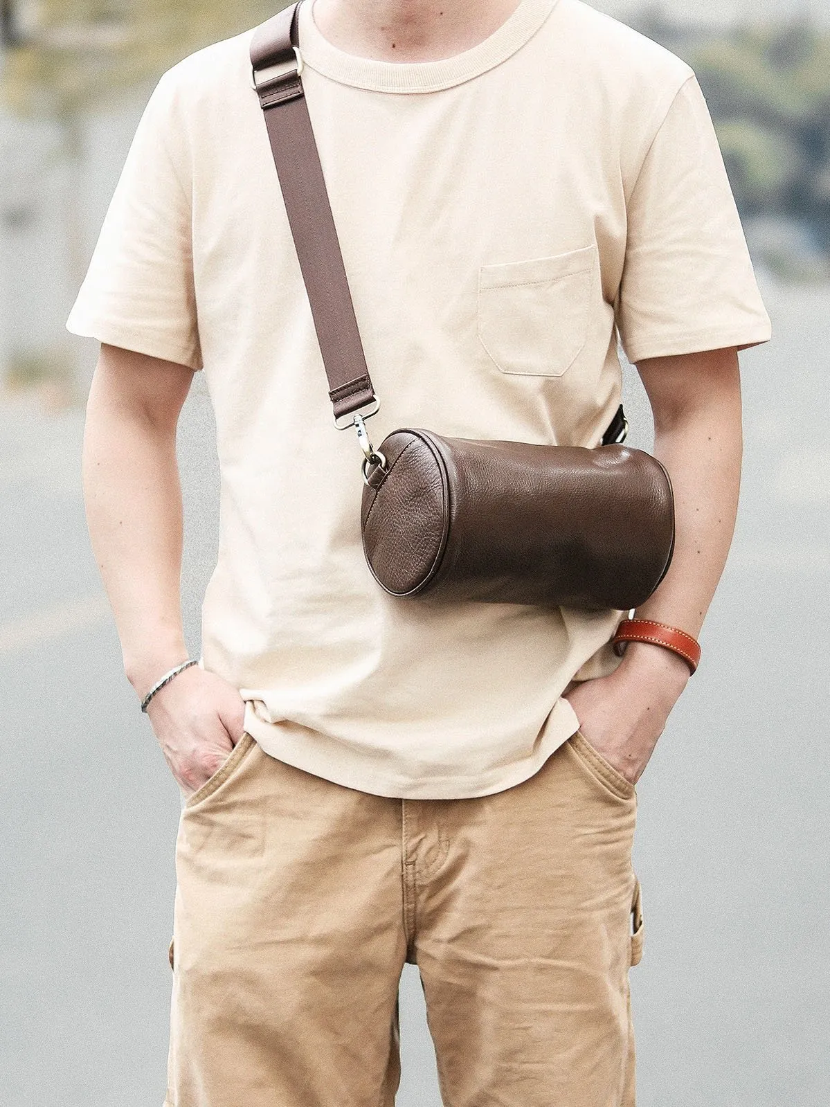 Black Leather Mens Small Casual Bucket Bag Barrel Messenger Bags Brown Postman Bag For Men