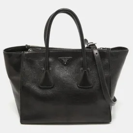 Black Leather Twin Pocket Double Handle Tote