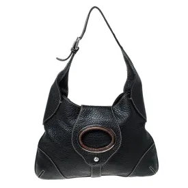 Black Pebbled Leather Ring Shoulder Bag