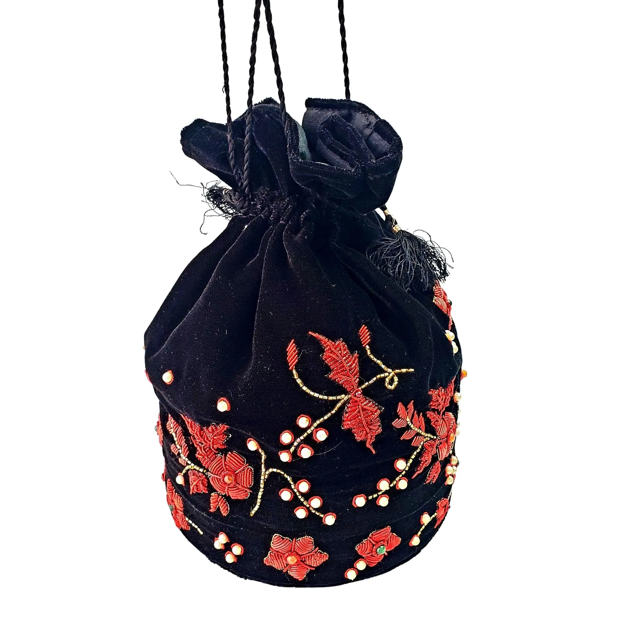 Black Velvet Bucket Bag Potli Bag with Red Flowers