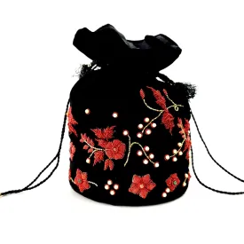 Black Velvet Bucket Bag Potli Bag with Red Flowers