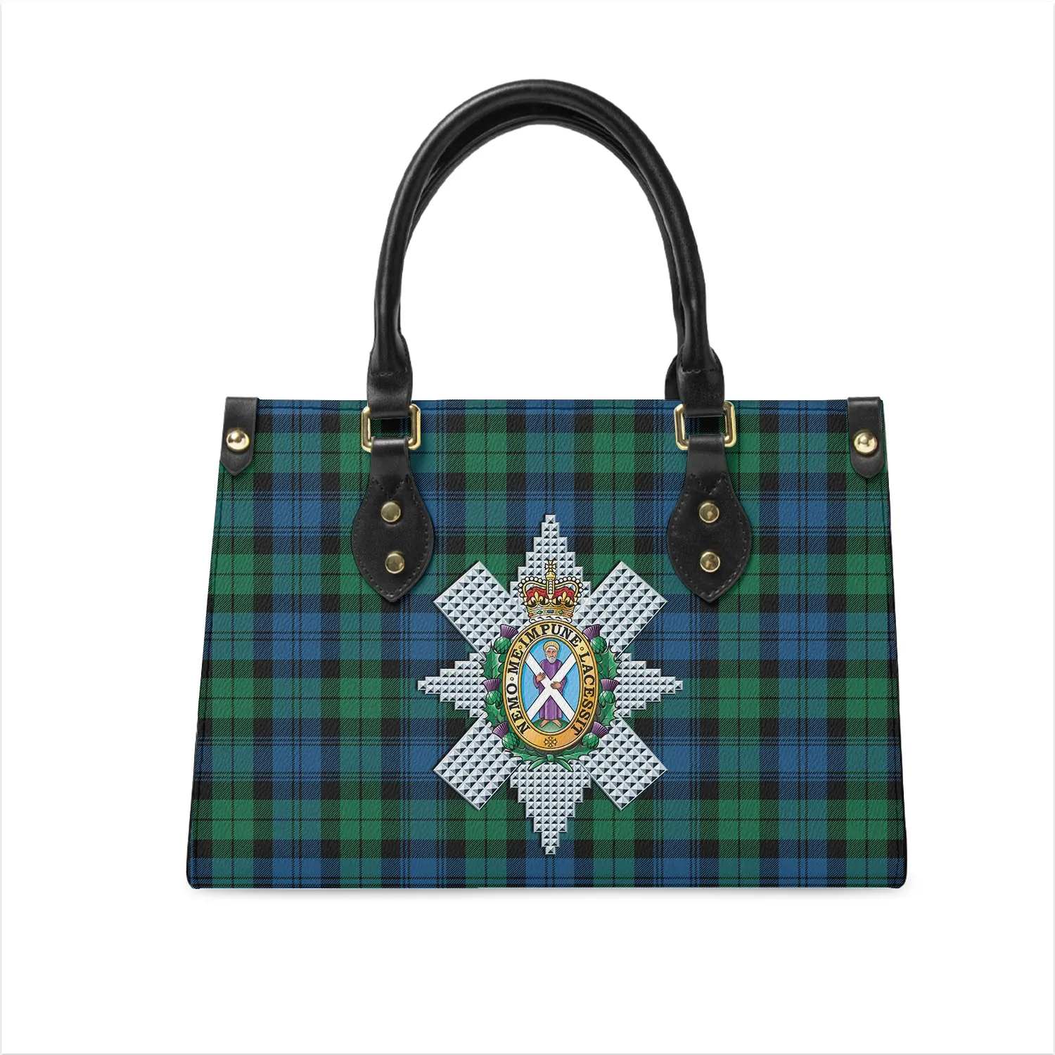 Black Watch Ancient Tartan Leather Bag with Family Crest