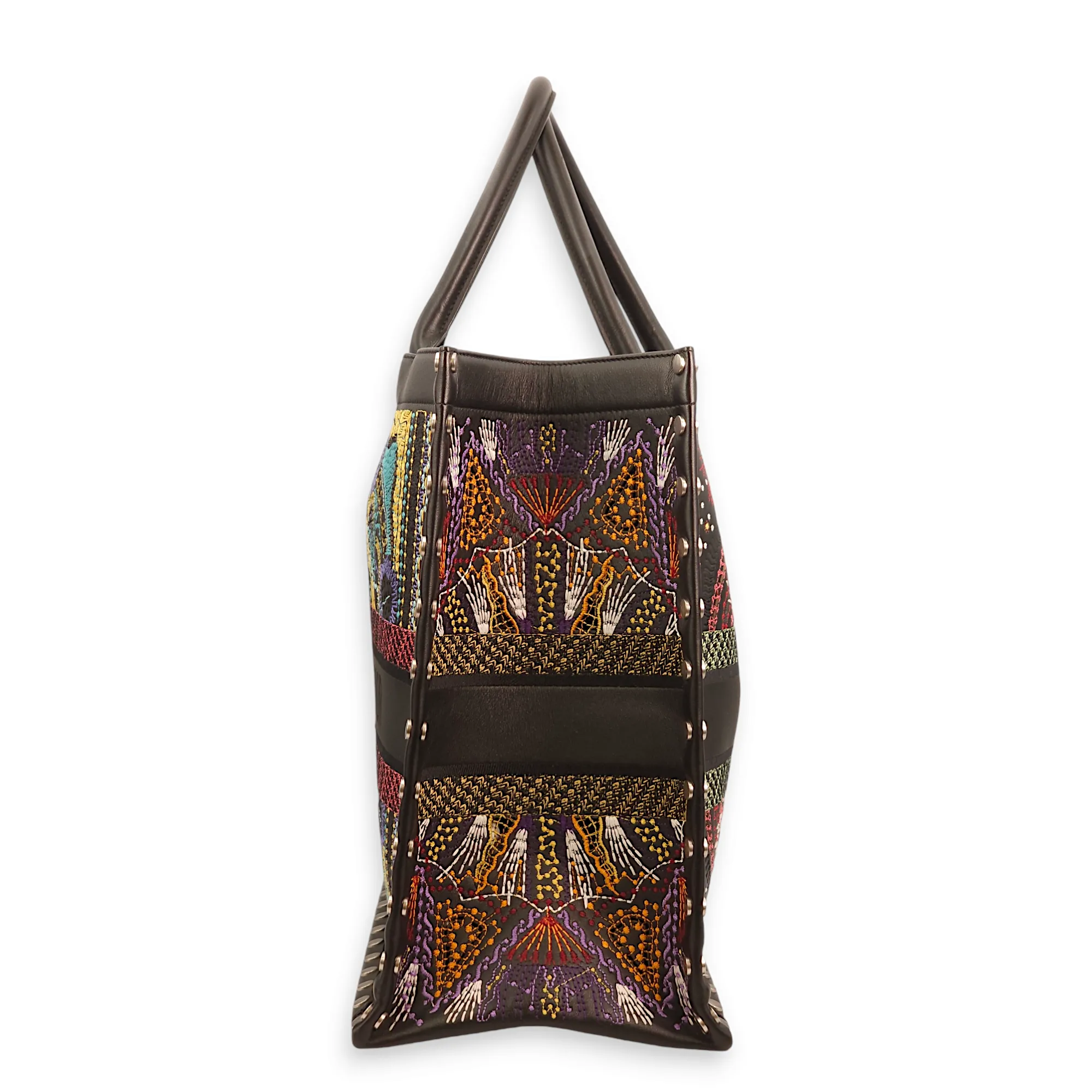 Book Embroidered Studded Leather Large Multicolor Tote Bag in Calfskin, Palladium hardware