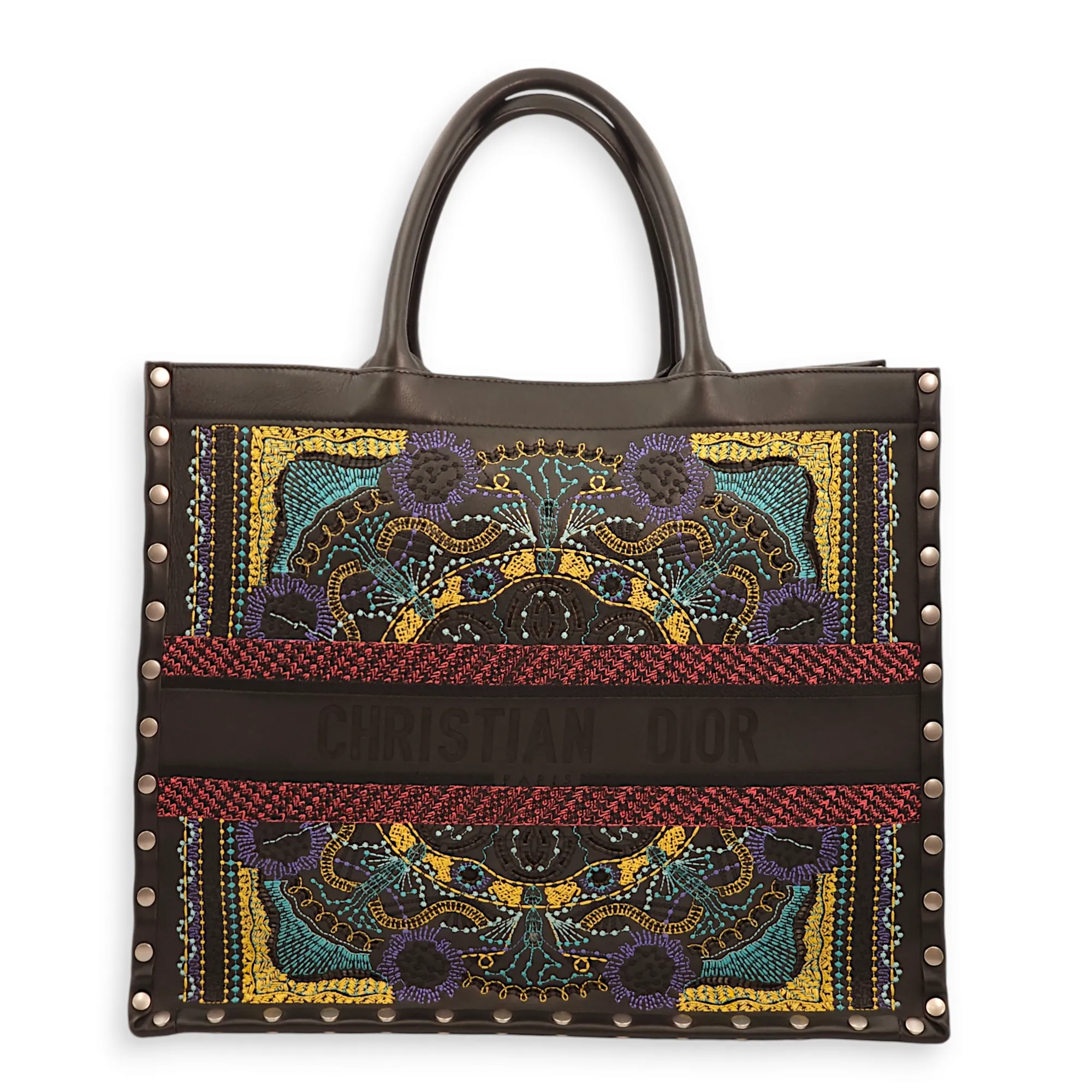 Book Embroidered Studded Leather Large Multicolor Tote Bag in Calfskin, Palladium hardware