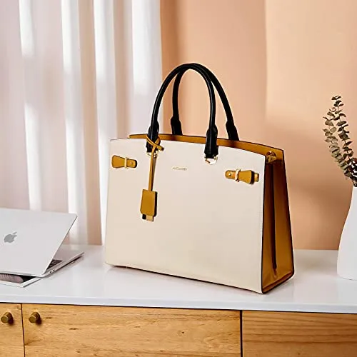 BOSTANTEN Briefcase for Women 15.6 Inch Leather Laptop Briefcase Shoulder Work Tote Bag Purse Beige