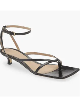 BOTTEGA VENETA Womens Black Ankle Strap Padded Square Toe Kitten Heel Buckle Leather Thong Sandals Shoes