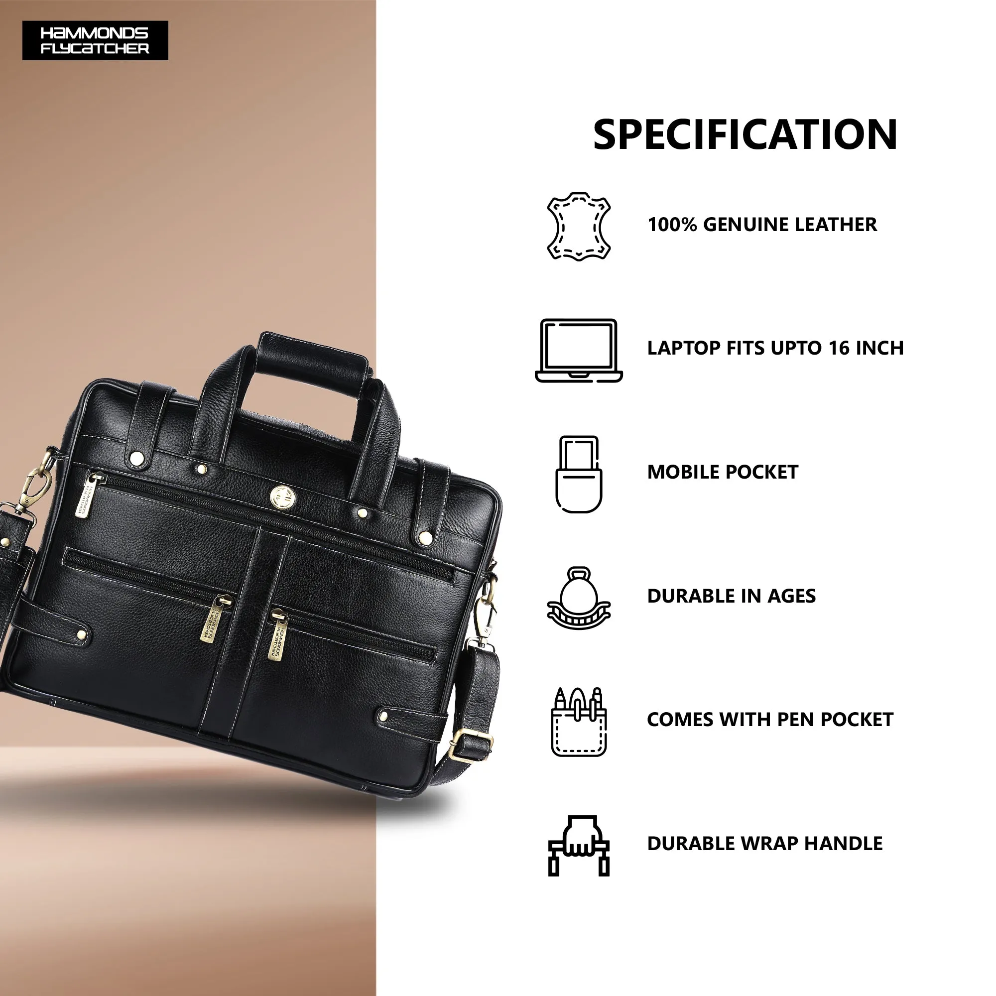 Branded Laptop Bag for Men - Genuine Leather - Fits Up to 16 Inch Laptop/MacBook - 1 Year Warranty