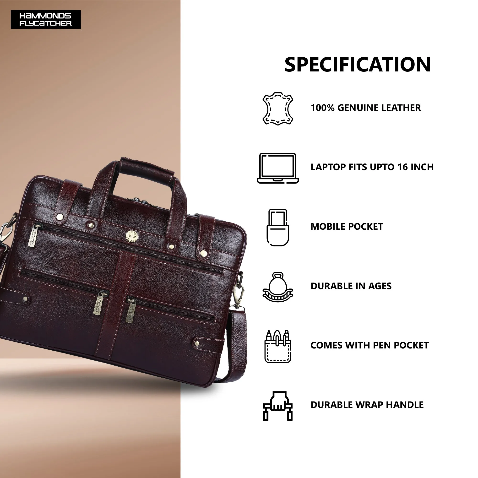 Branded Laptop Bag for Men - Genuine Leather - Fits Up to 16 Inch Laptop/MacBook - 1 Year Warranty