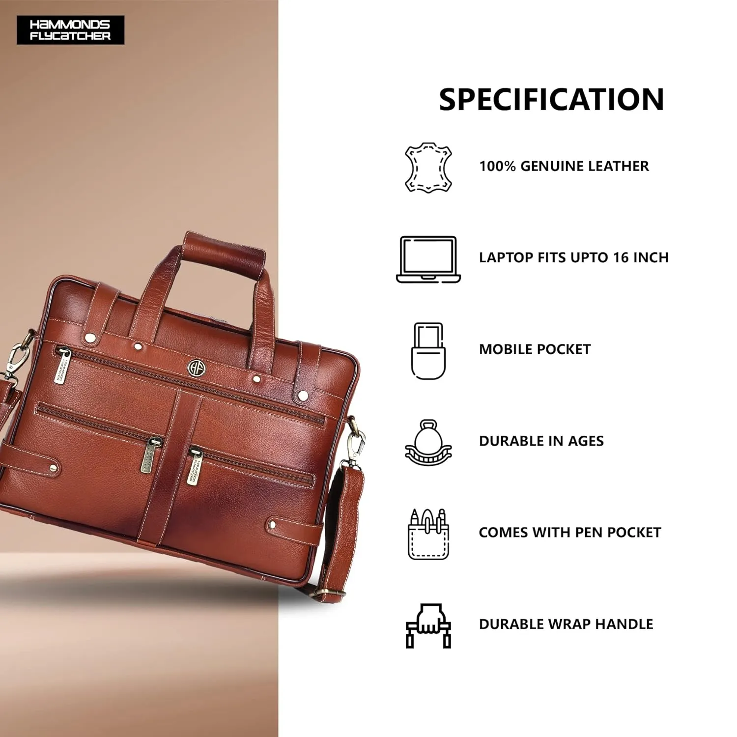 Branded Laptop Bag for Men - Genuine Leather - Fits Up to 16 Inch Laptop/MacBook - 1 Year Warranty