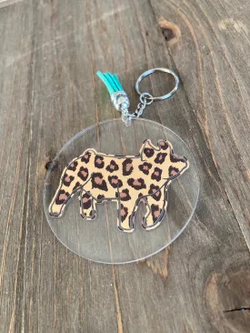 Brown Cheetah Print Pig Circle Keychain