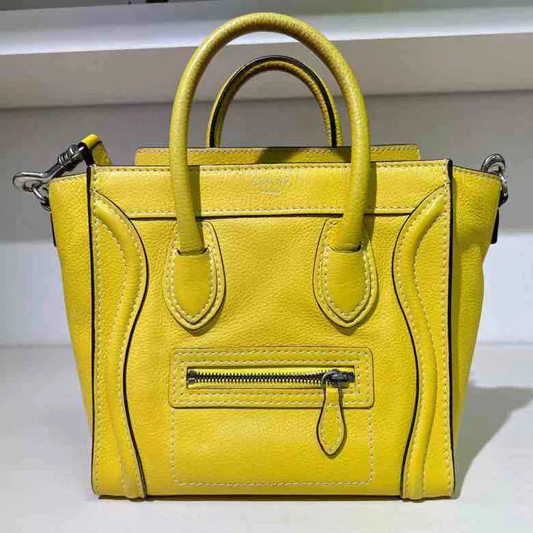 Celine Drummed Nano Bag with Strap, Yellow Calfskin Leather