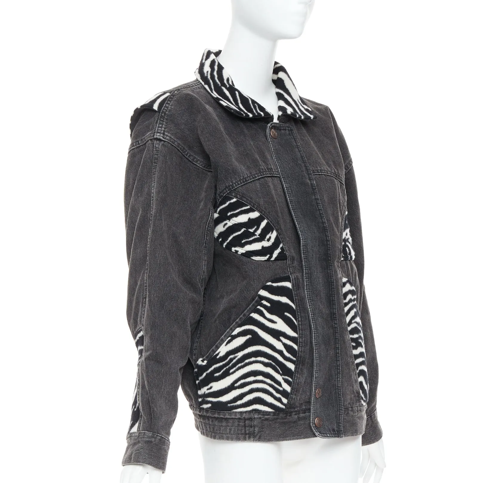 CELINE Hedi Slimane black white zebra wool patch denim jacket S