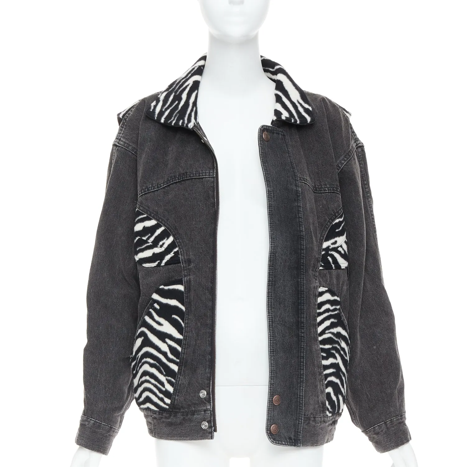 CELINE Hedi Slimane black white zebra wool patch denim jacket S