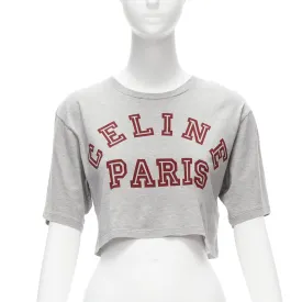 CELINE PARIS red logo grey cotton crew neck cropped tshirt XS