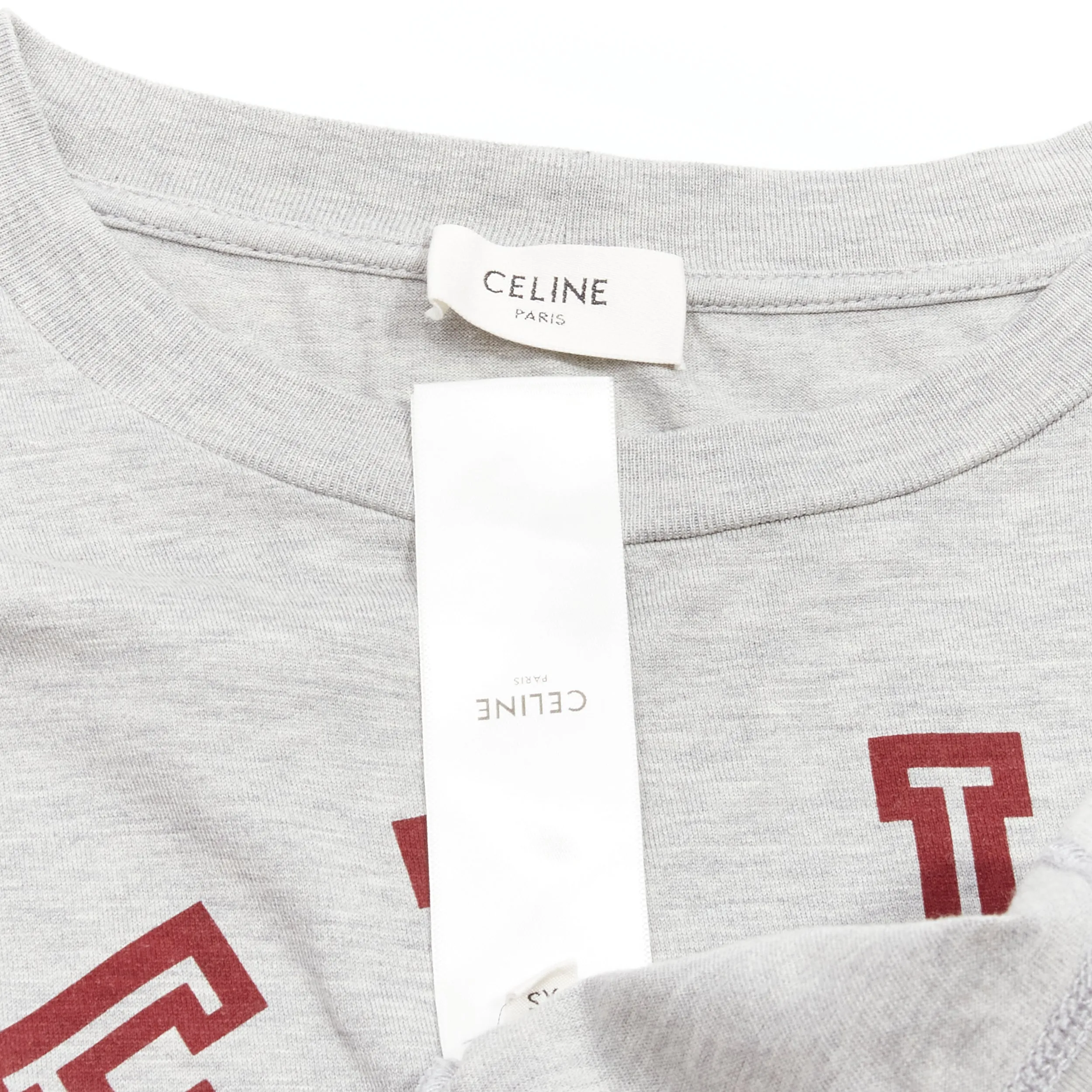 CELINE PARIS red logo grey cotton crew neck cropped tshirt XS