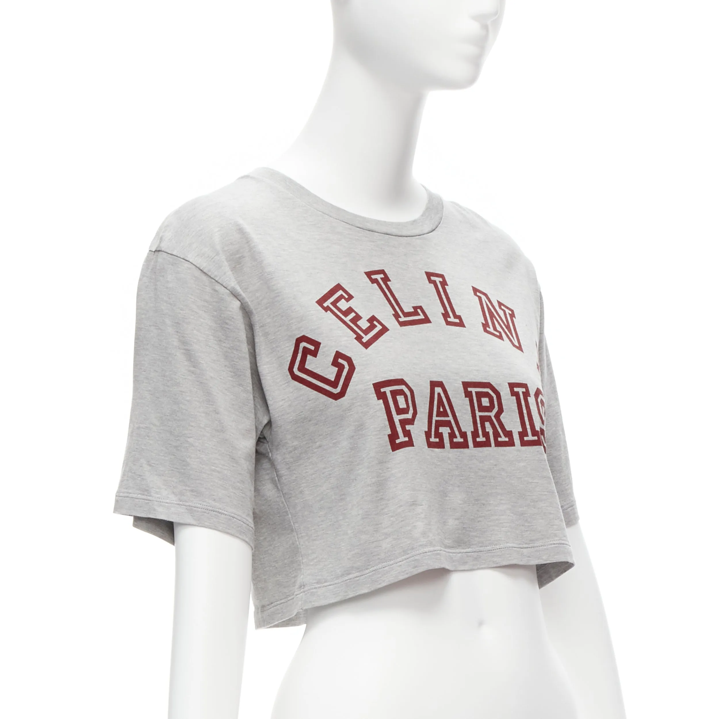 CELINE PARIS red logo grey cotton crew neck cropped tshirt XS