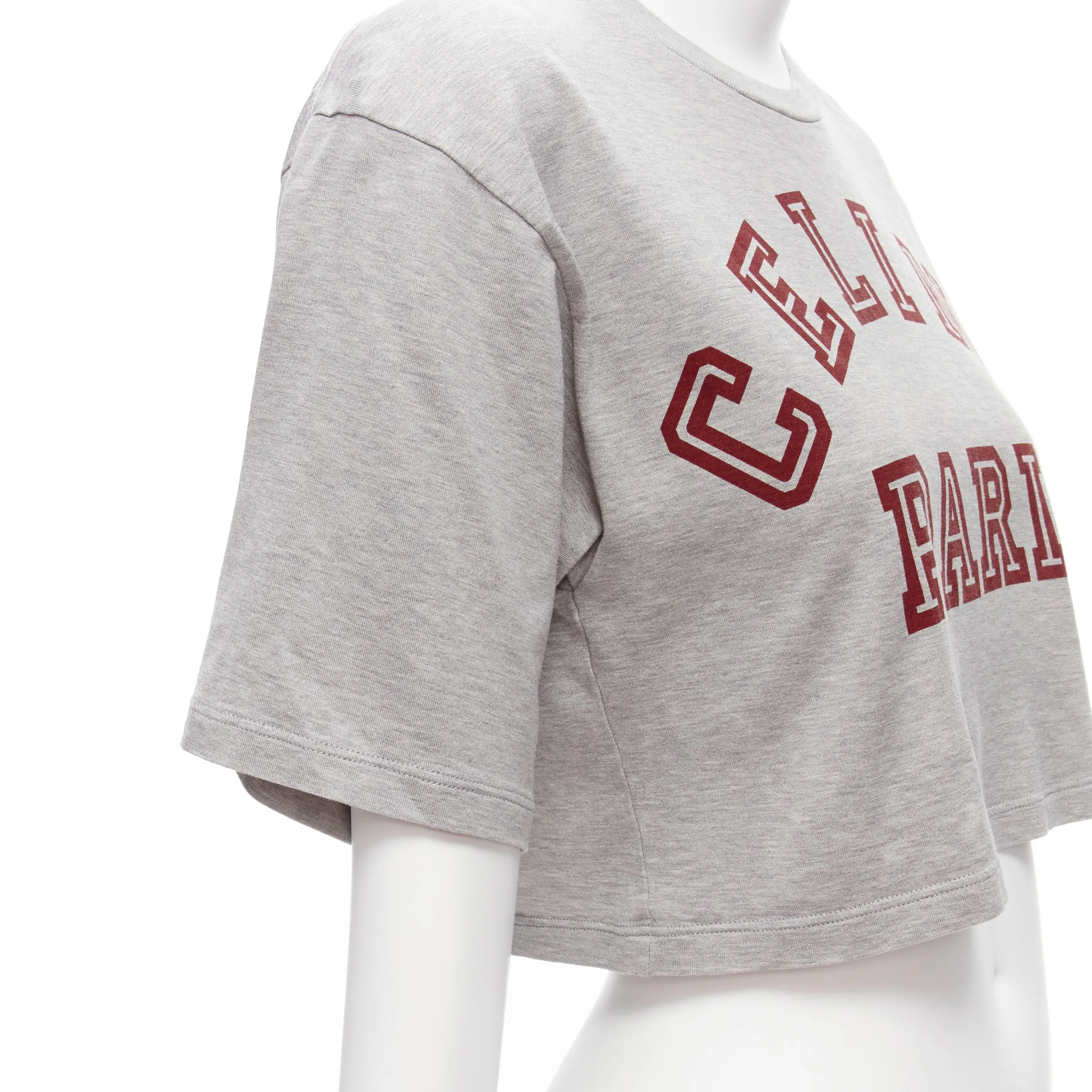 CELINE PARIS red logo grey cotton crew neck cropped tshirt XS