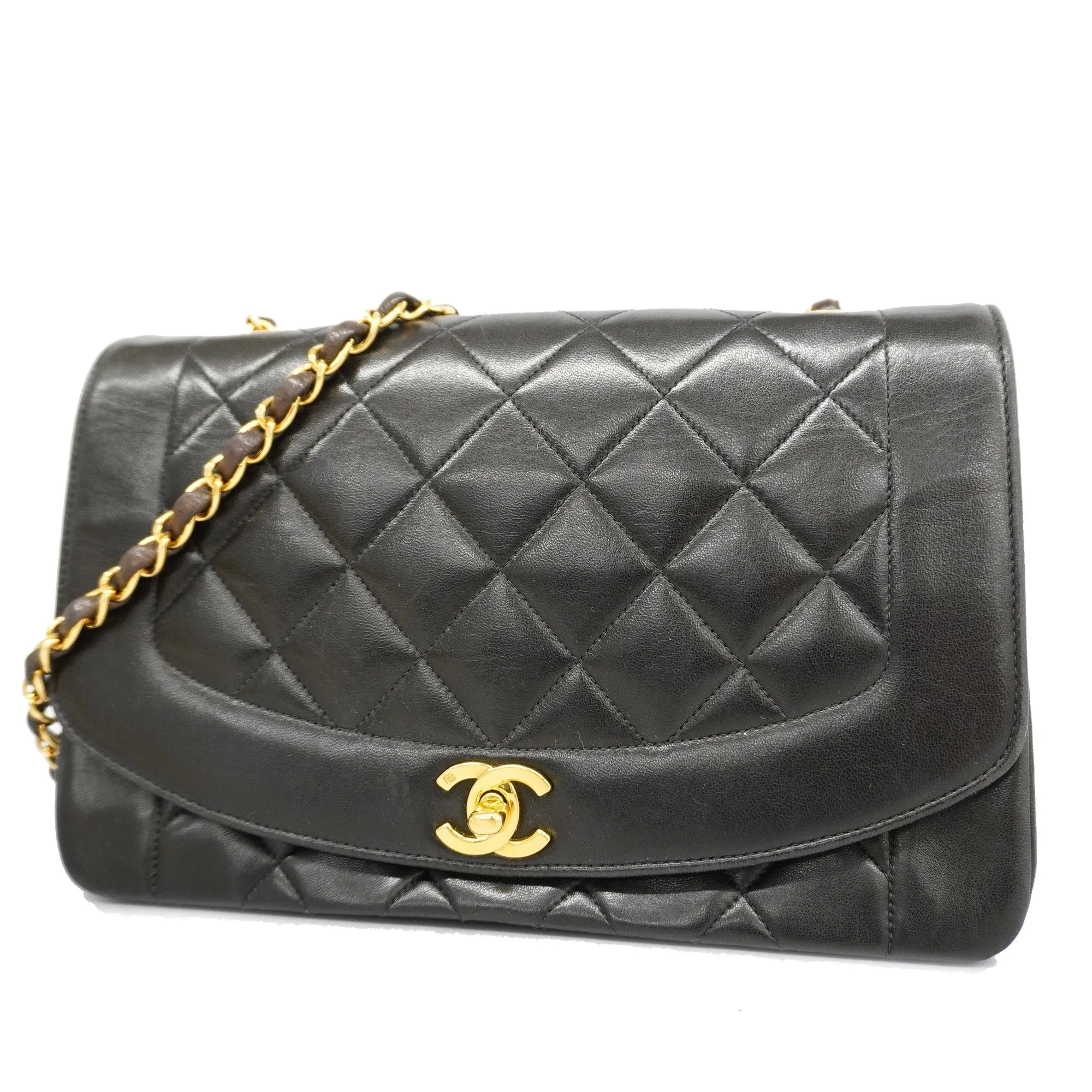 CHANEL[3ca0445] Auth  Shoulder Bag Matelasse Diana Flap Single Chain Lambskin Black Gold metal