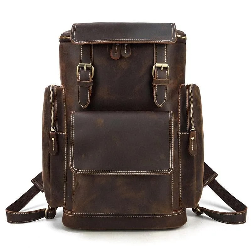 Crazy Horse Leather Bucket Daypack Large Male Travel Bag