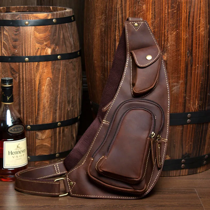 Crazy Horse Leather Chest Pack Men's Leather Sling Bag Vintage Chest Bag