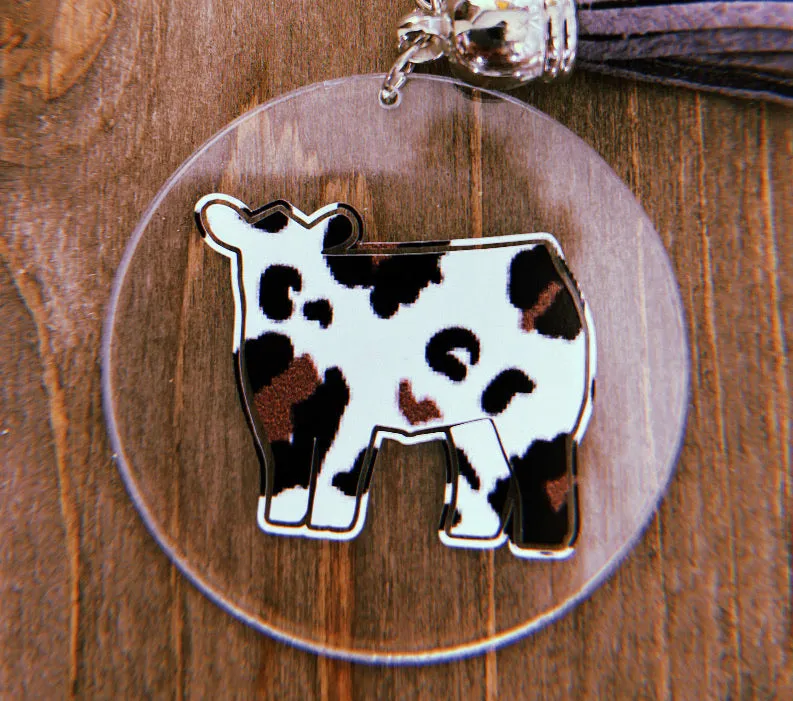 Crazy Zoo Print Cow Clear Circle Keychain