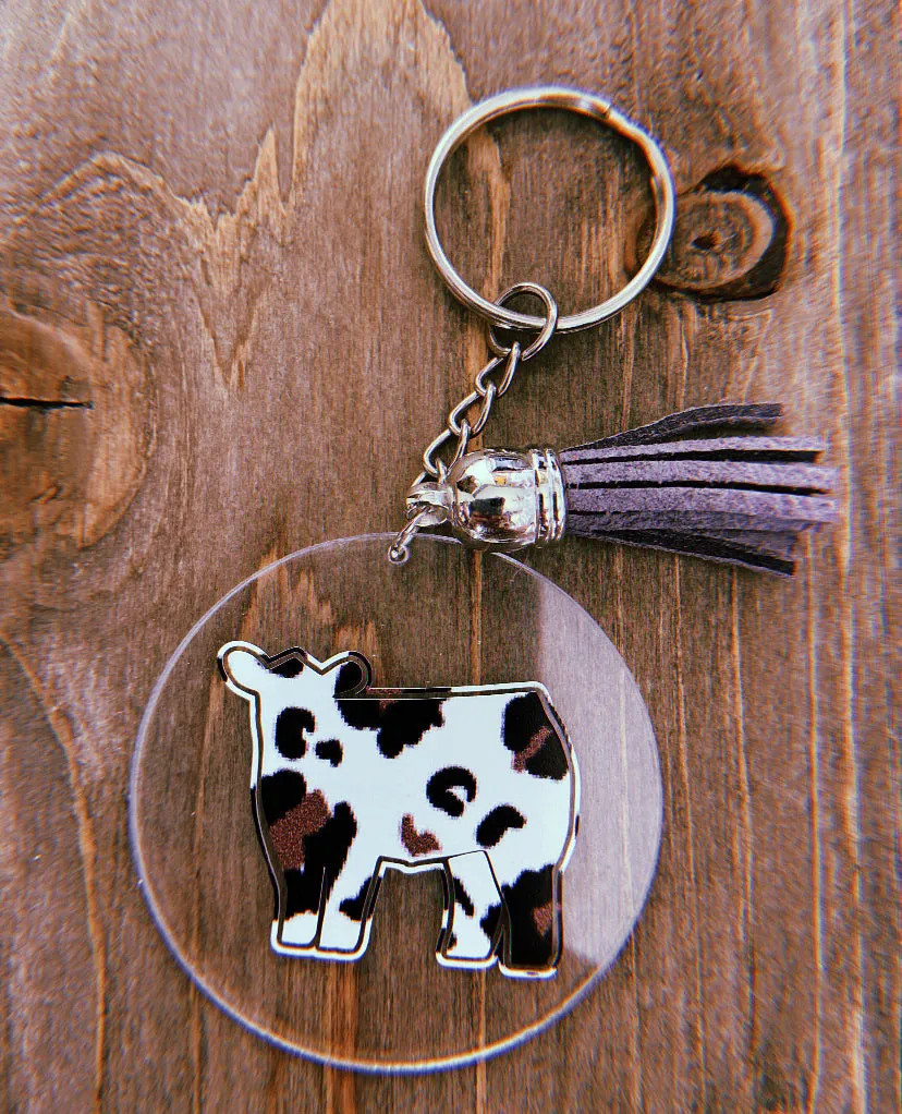 Crazy Zoo Print Cow Clear Circle Keychain