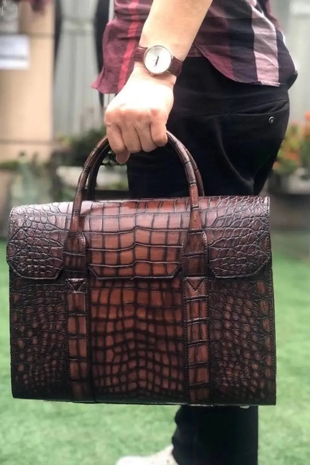 Crocodile Leather Briefcase Vintage Brown