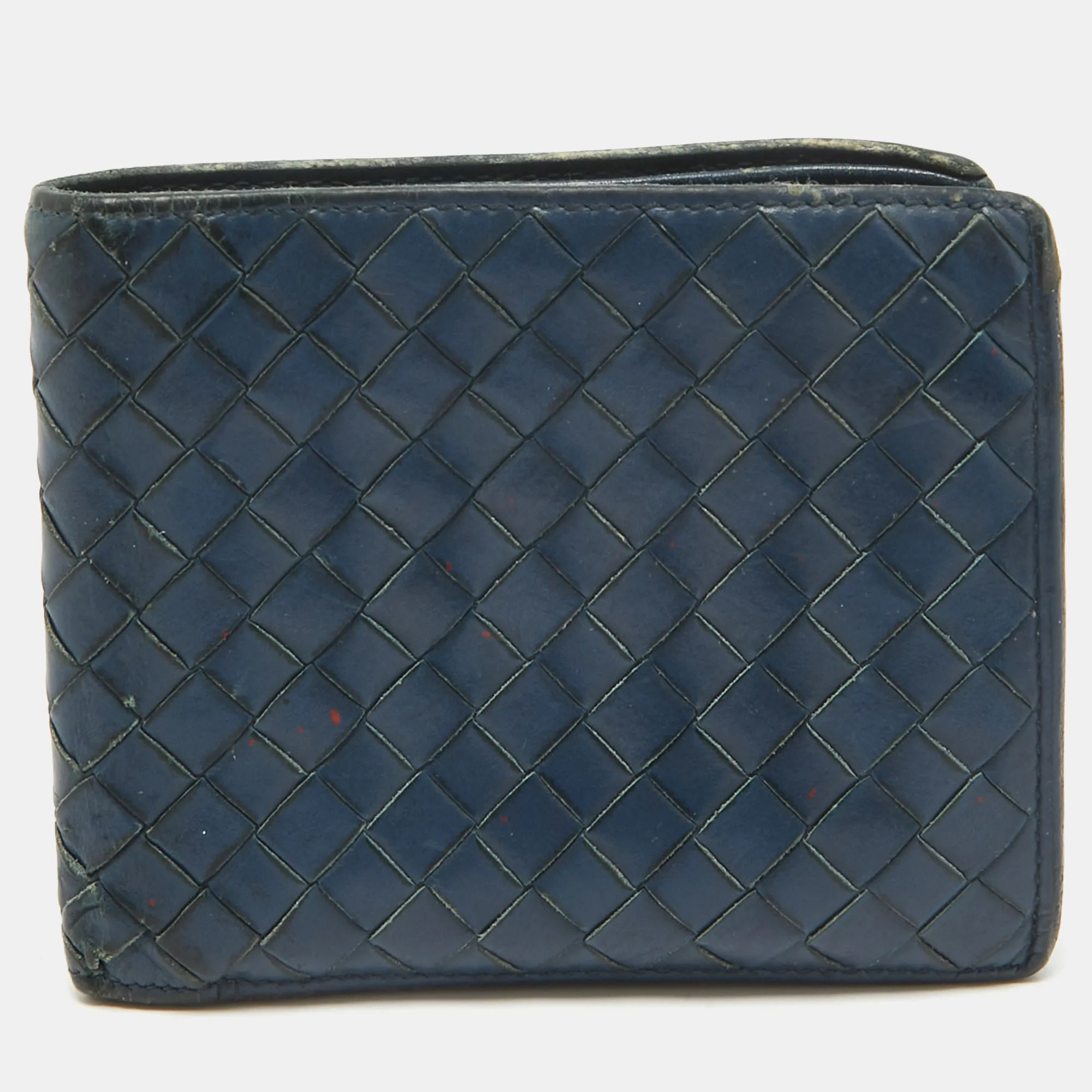 Dark Blue Intrecciato Leather Bifold Wallet