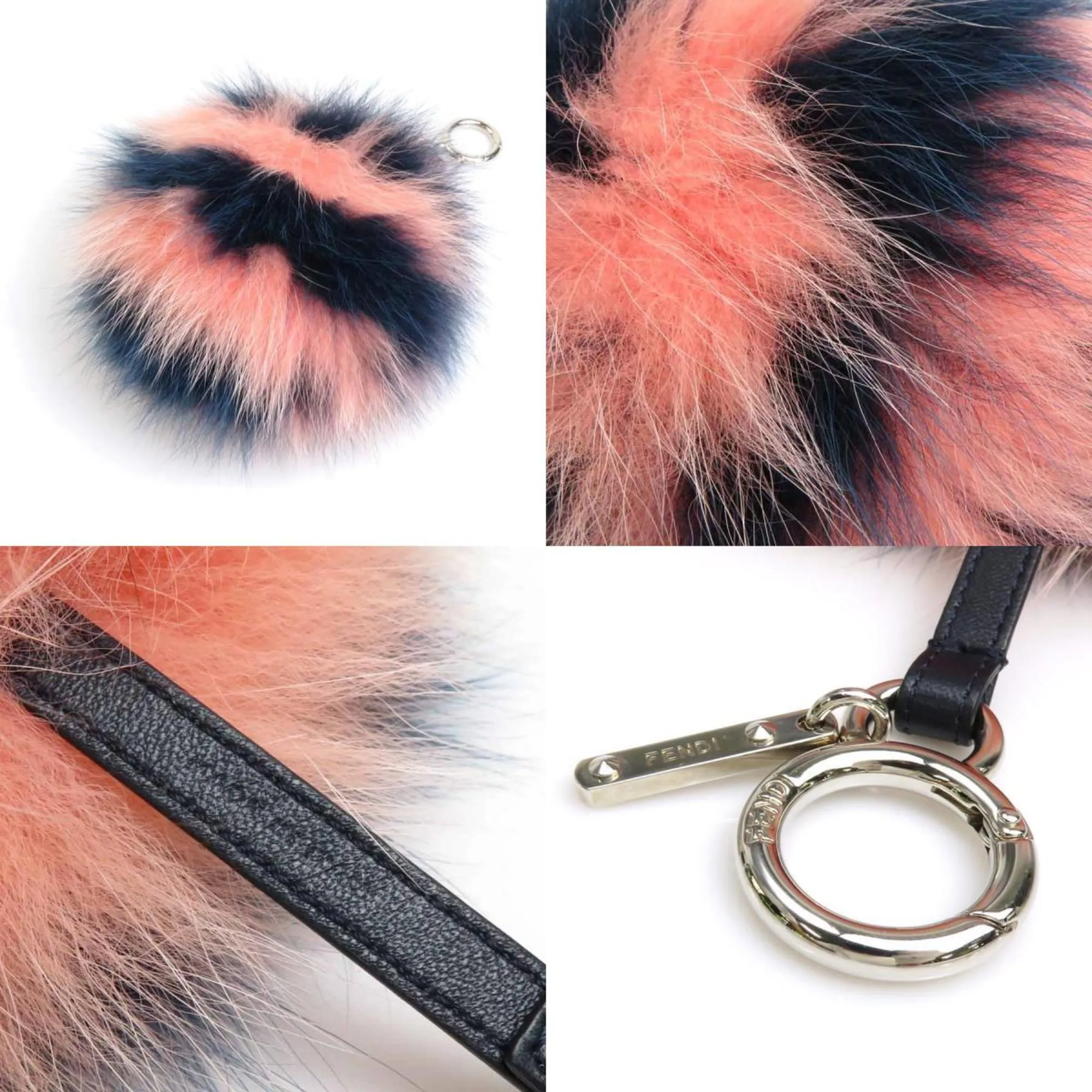 FENDI Charm Pom Fur/Leather Pink/Navy Silver Unisex