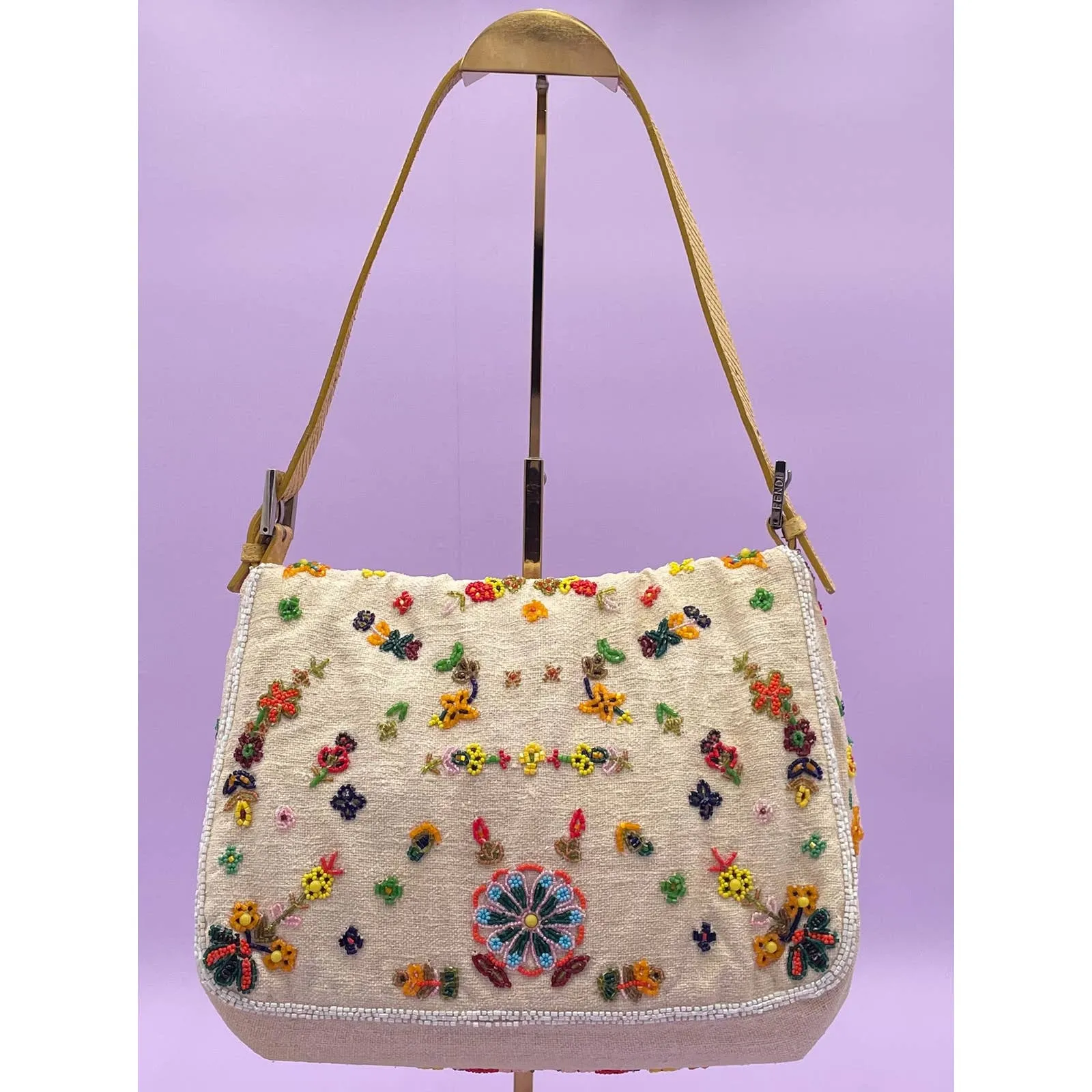 Fendi Mamma Baguette Linen Beaded Ecru