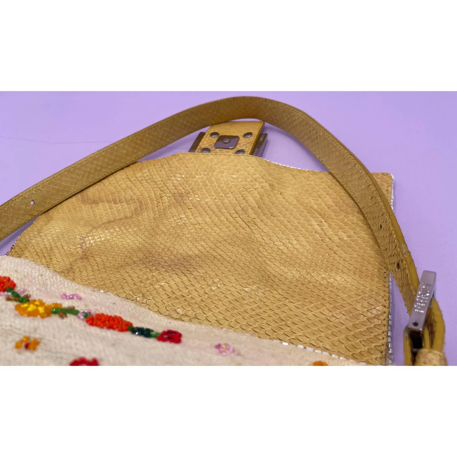 Fendi Mamma Baguette Linen Beaded Ecru