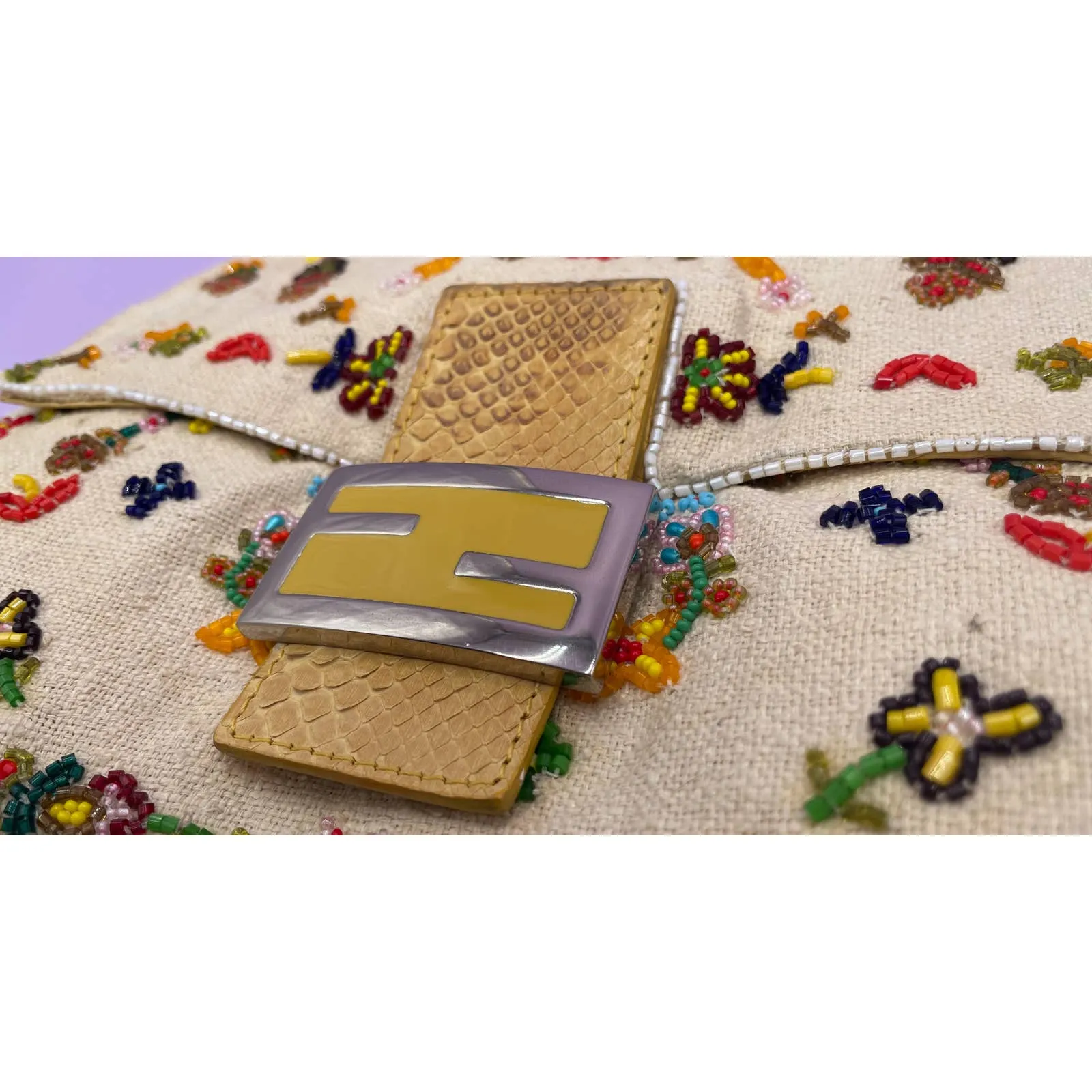 Fendi Mamma Baguette Linen Beaded Ecru