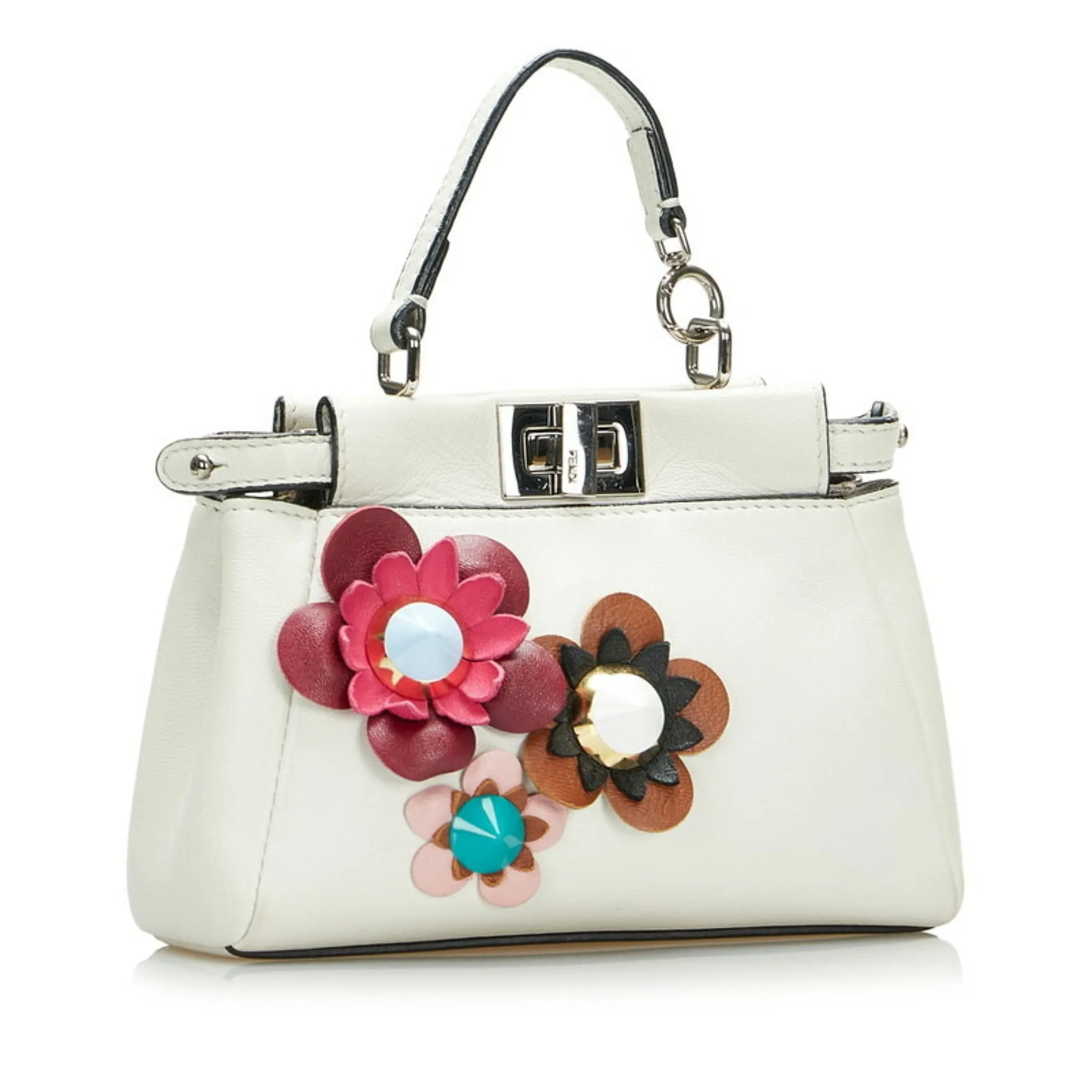 FENDI Micro Peekaboo Flower Motif Handbag Shoulder Bag 8M0355 White Leather Ladies