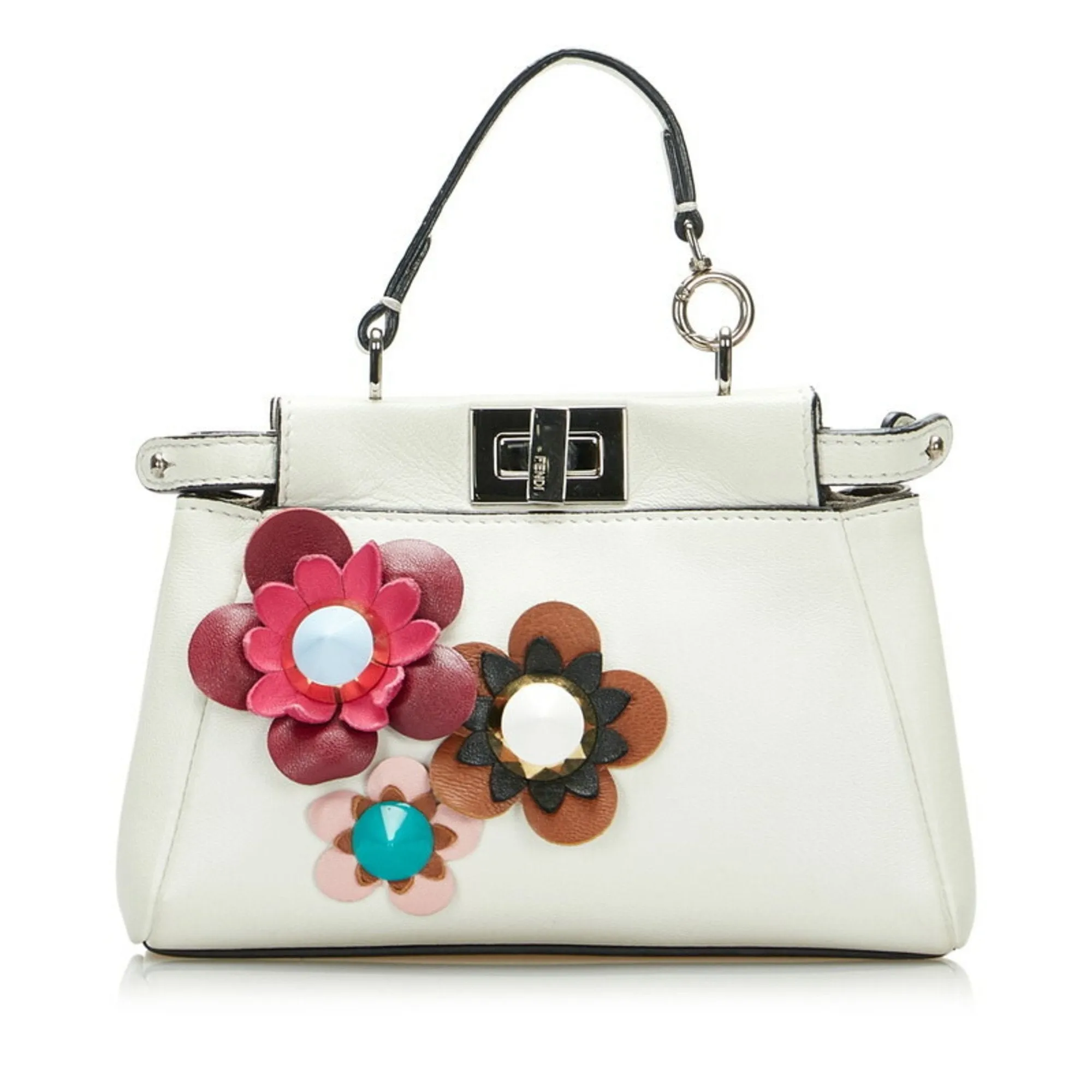 FENDI Micro Peekaboo Flower Motif Handbag Shoulder Bag 8M0355 White Leather Ladies