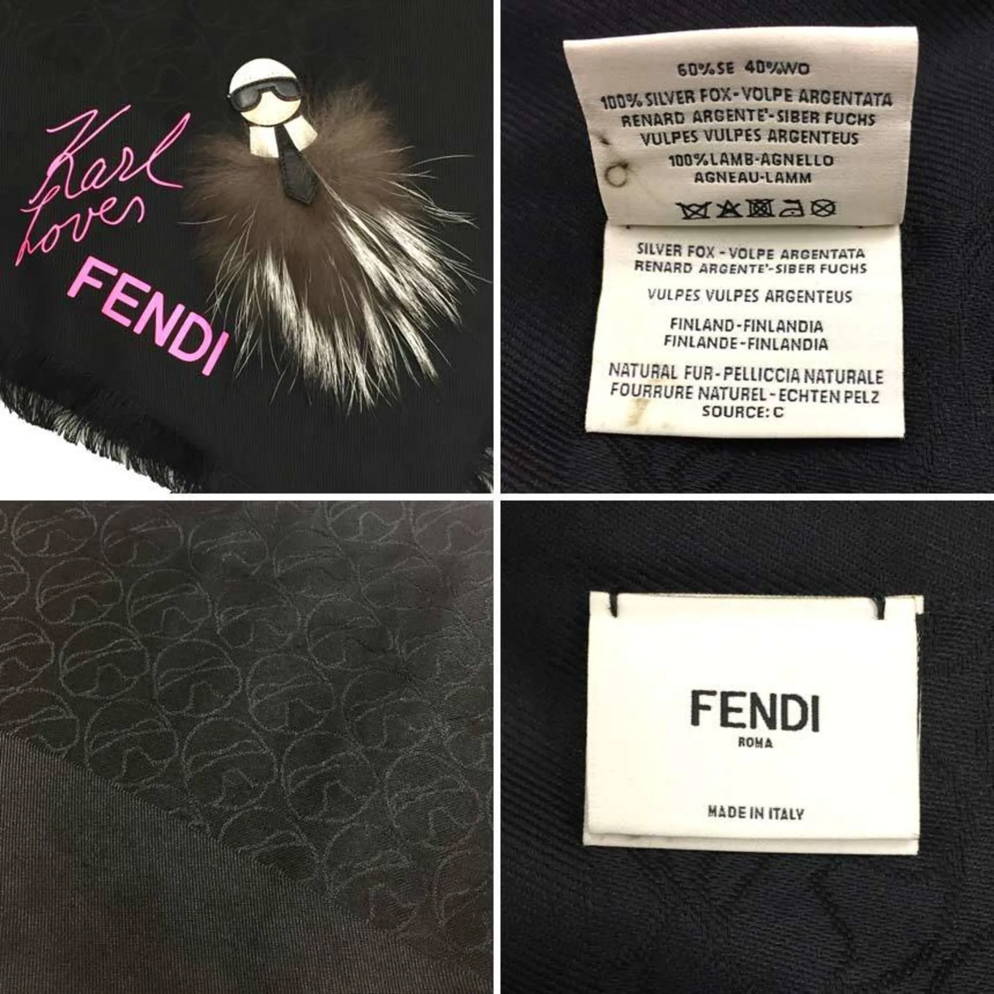 FENDI stole monster Karl Lagerfeld karl love FXT069 large size shawl silk x wool silver fox fur