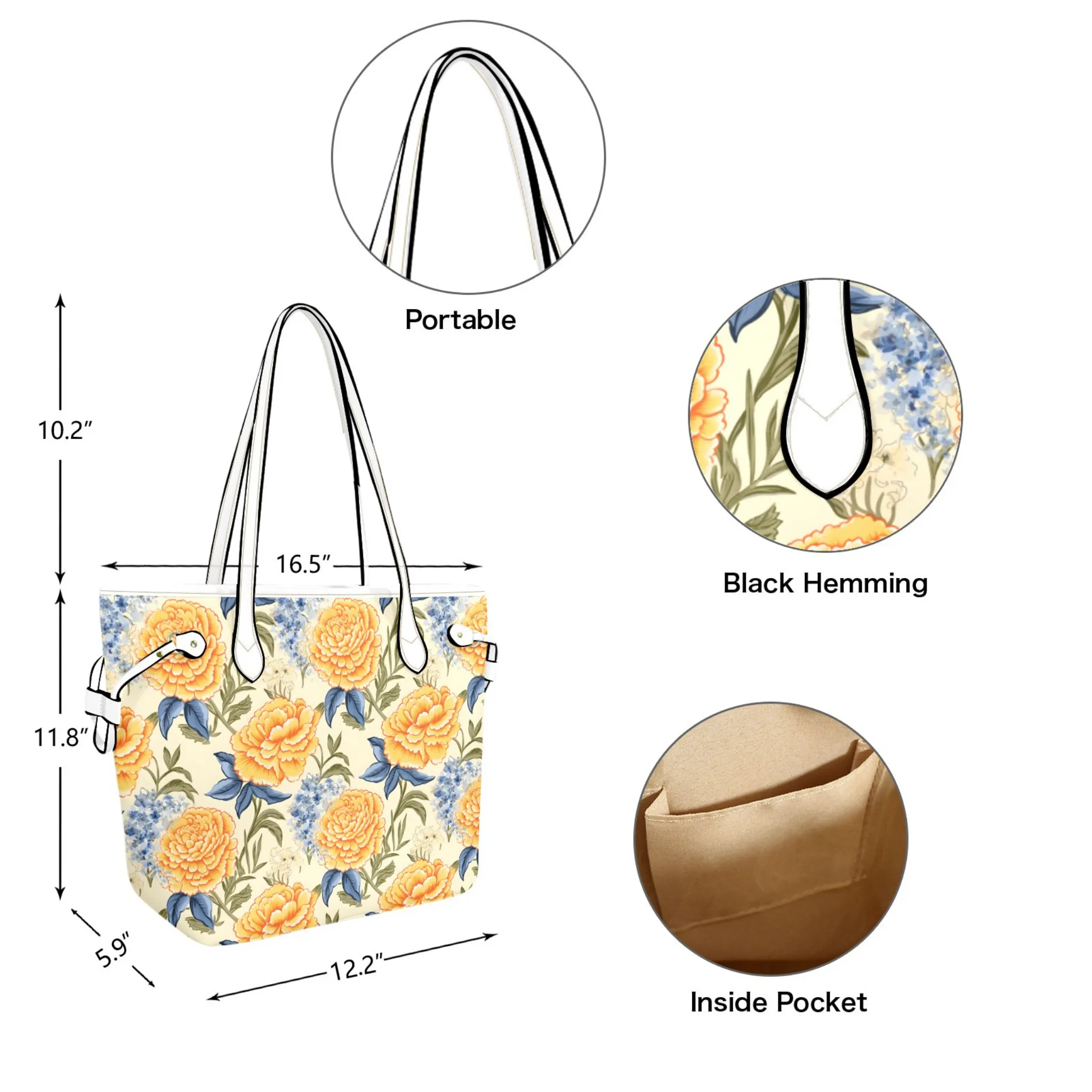 Golden Floral Leather Bag | Golden Flower and Blue Leaves Design | Perfect Gift for Her | Elegant & Durable Fashion Tote