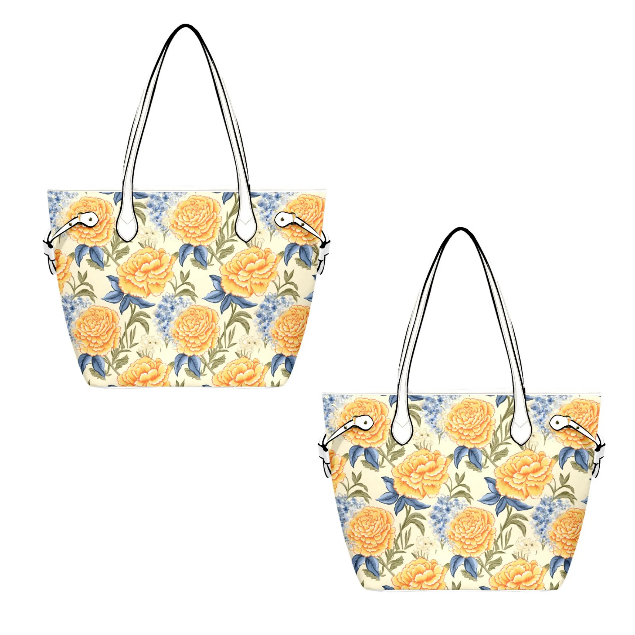 Golden Floral Leather Bag | Golden Flower and Blue Leaves Design | Perfect Gift for Her | Elegant & Durable Fashion Tote