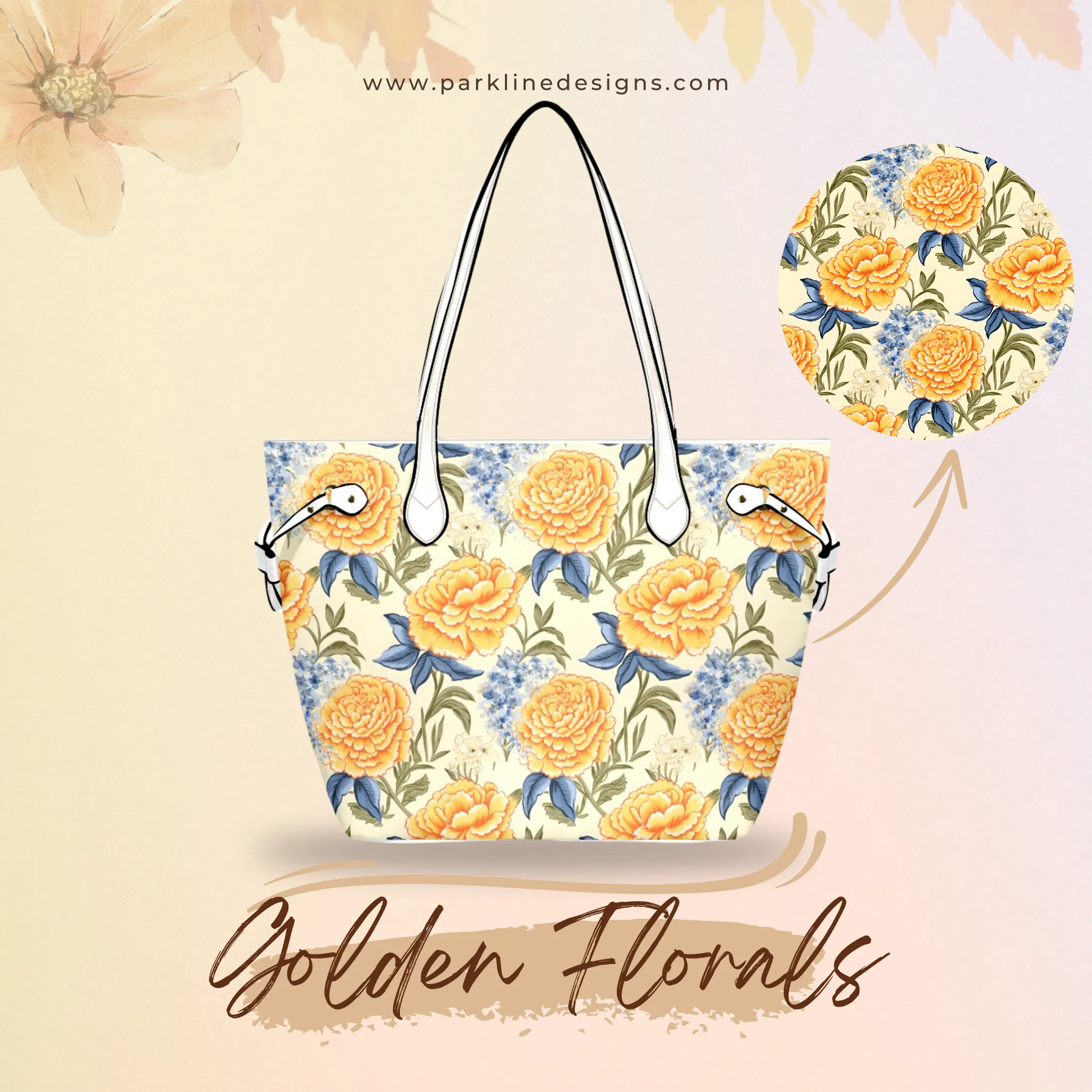 Golden Floral Leather Bag | Golden Flower and Blue Leaves Design | Perfect Gift for Her | Elegant & Durable Fashion Tote