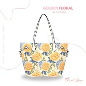 Golden Floral Leather Bag | Golden Flower and Blue Leaves Design | Perfect Gift for Her | Elegant & Durable Fashion Tote