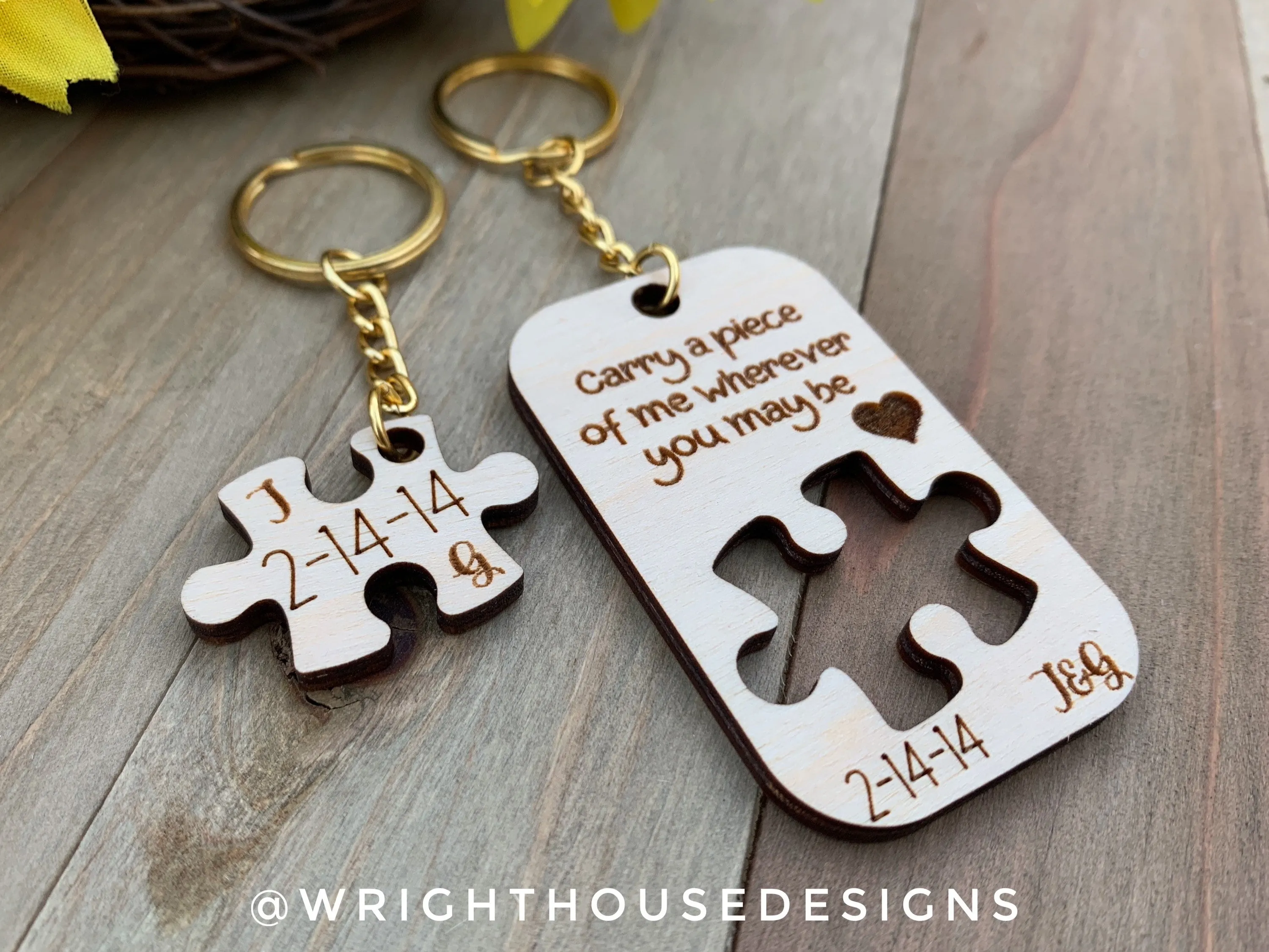 Heart and Puzzle Keychains For Valentine's Day - Couples Personalized Anniversary Gifts - Digital SVG Cut Files For Glowforge Lasers