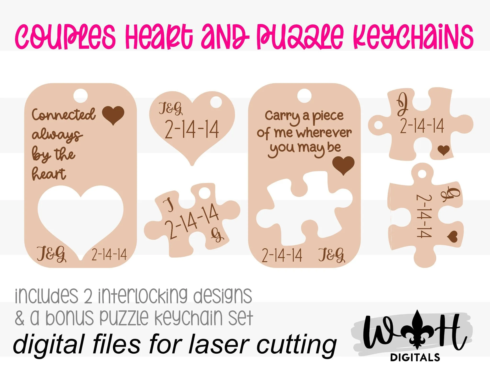 Heart and Puzzle Keychains For Valentine's Day - Couples Personalized Anniversary Gifts - Digital SVG Cut Files For Glowforge Lasers