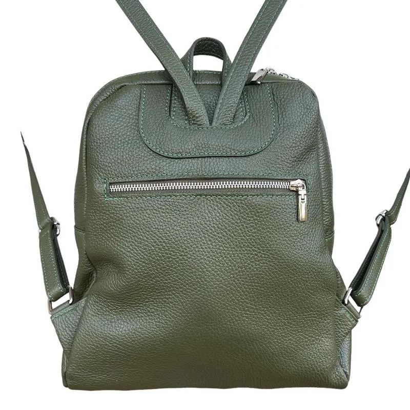 Italian Leather Medium Backpack in Olive Green