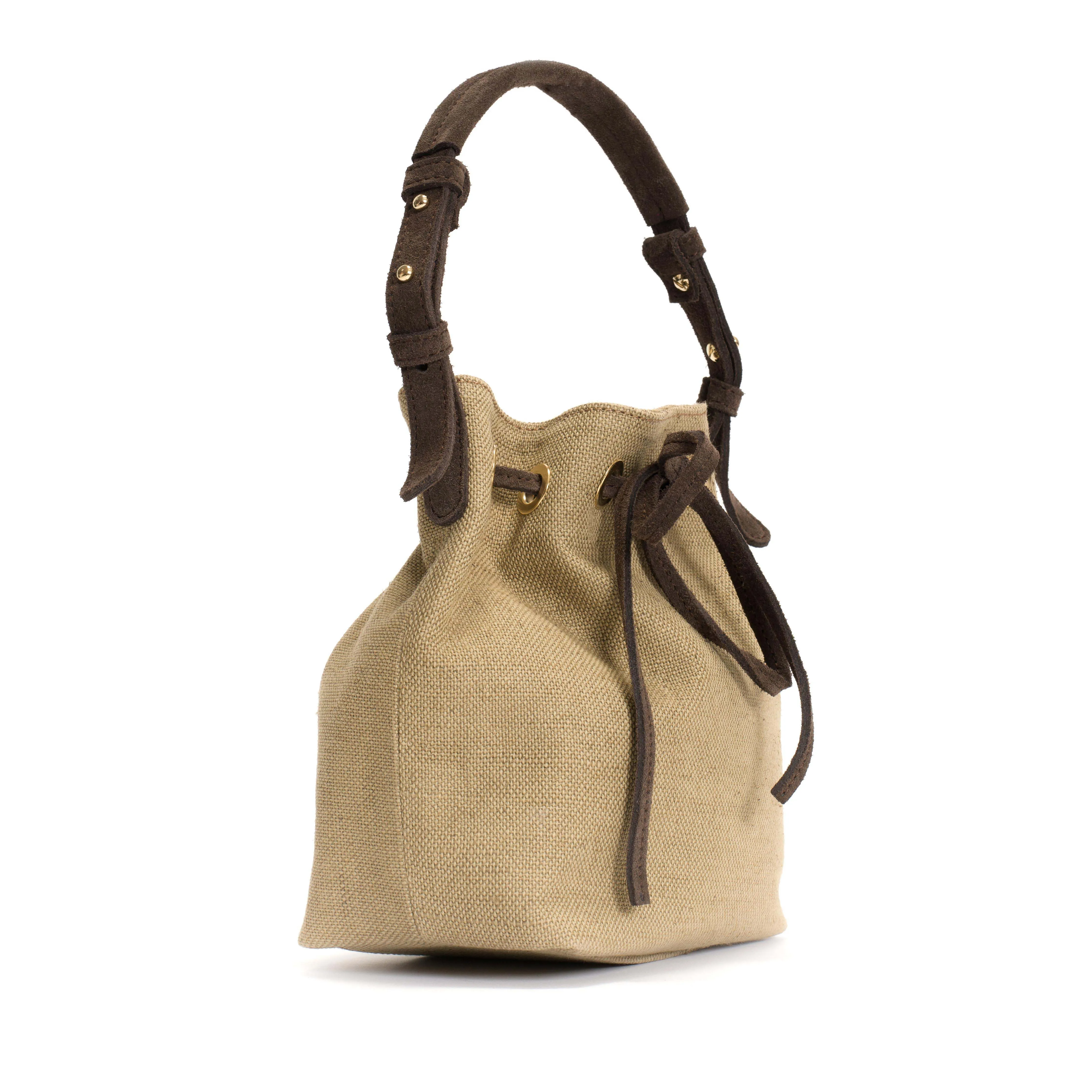 Kacey petite bucket bag Raffia & calf suede Natural & coffee brown